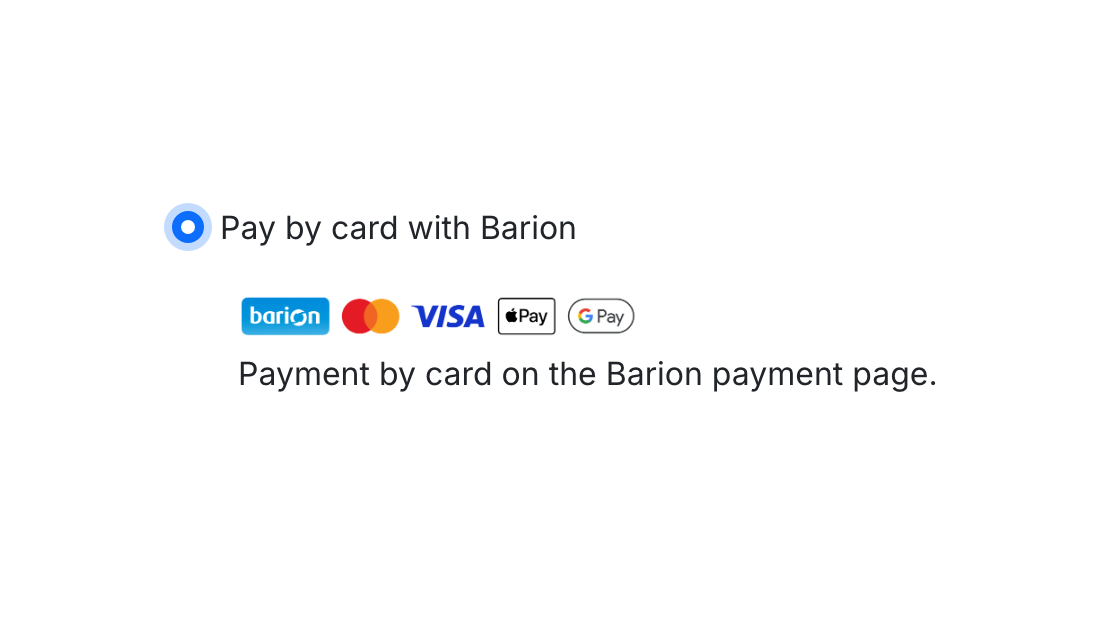 The Barion payment option at checkout: Pay by card with Barion, with Barion, Mastercard, VISA, Apple Pay and Google Pay icons