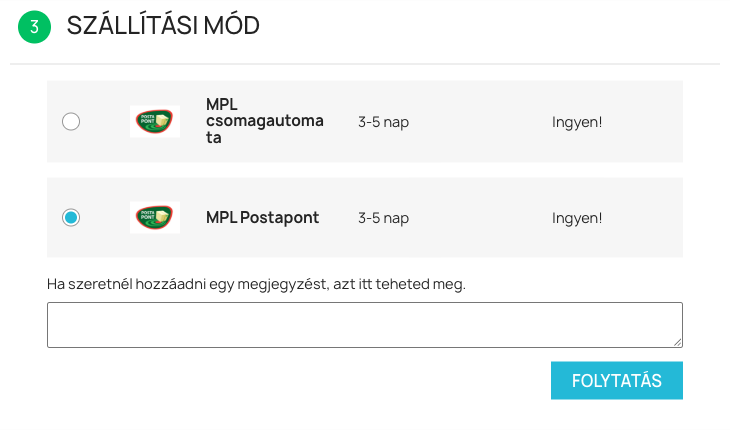 A pénztár szállítási lépése az MPL szállítási módokkal: MPL csomagautomata és MPL Postapont a Posta Pont logóval, szállítási idővel