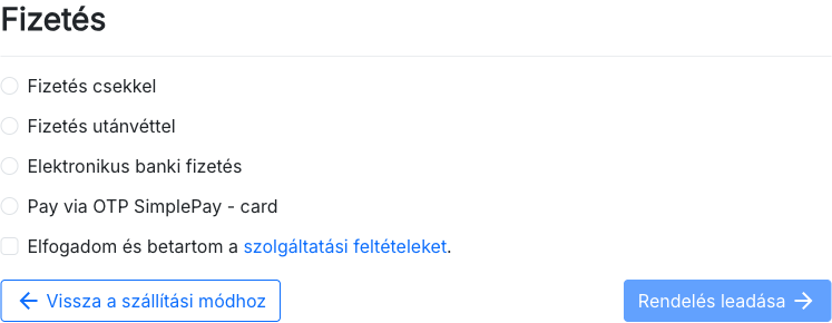 A pénztár fizetési mód lépése az OTP SimplePay opcióval a többi fizetési mód között
