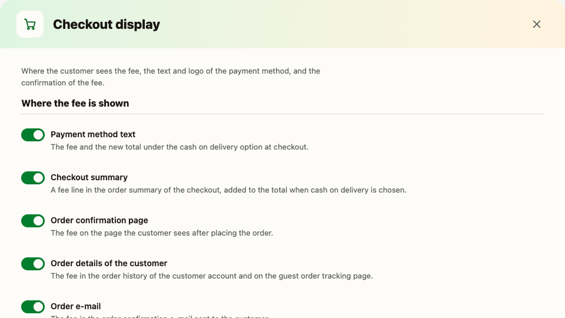 Switches for where the fee is shown: checkout, order, e-mail and invoice