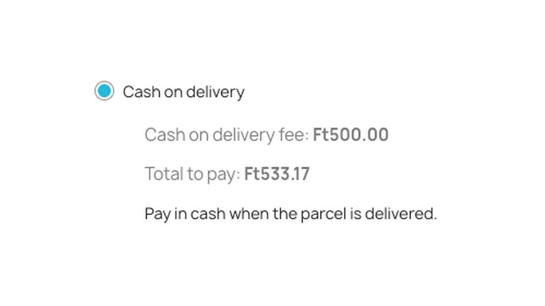 Checkout payment step: the cash on delivery fee and the total to pay under the Cash on delivery option