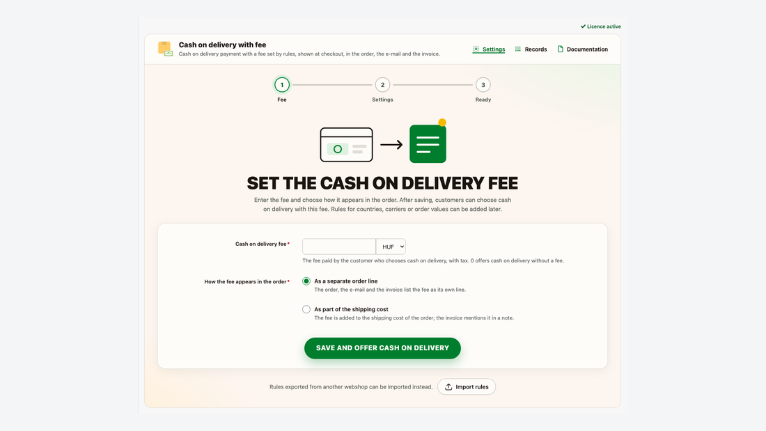 First setup of the module: the cash on delivery fee and how it is shown
