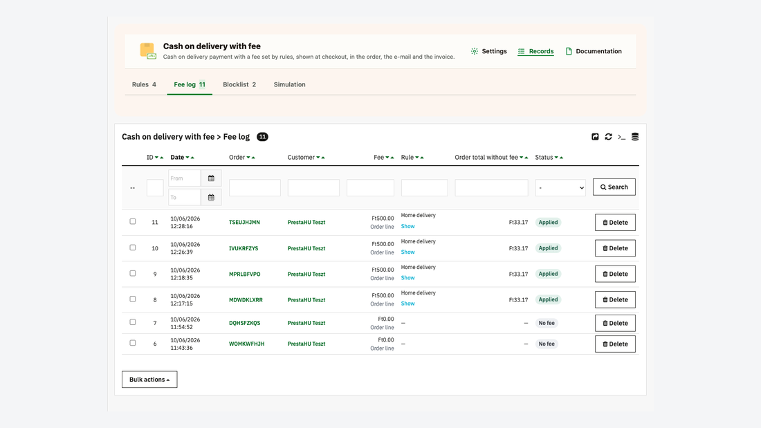 The fee log shows the fee, the rule and the status for each order
