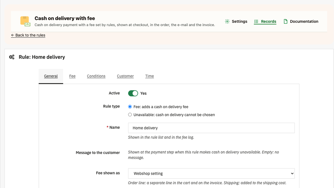 Editing a rule: general, fee, conditions, customer and time tabs
