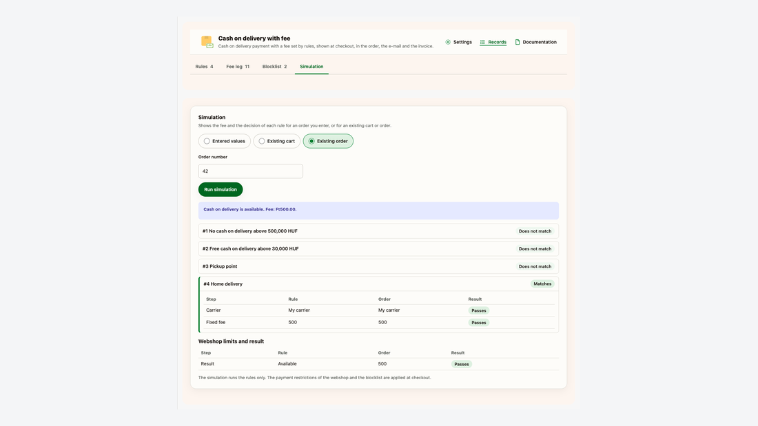 Simulation for an existing order: the fee and the decision of each rule