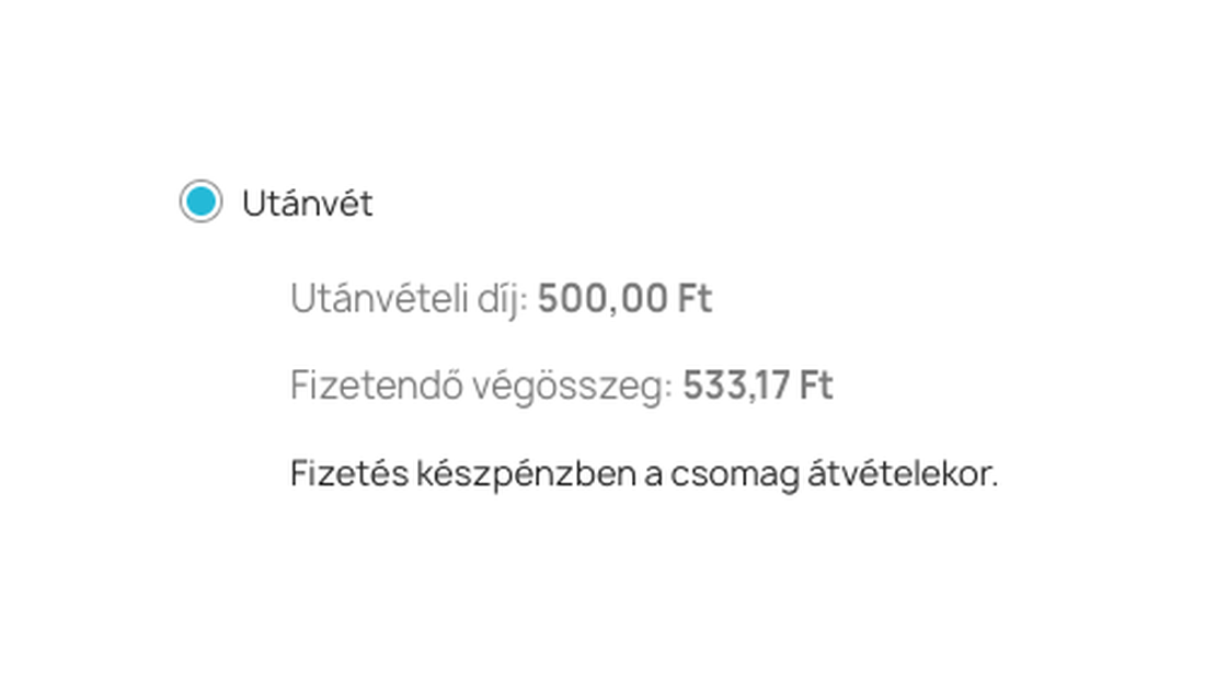 A pénztár fizetési lépése: az Utánvét fizetési mód alatt az utánvételi díj és a fizetendő végösszeg