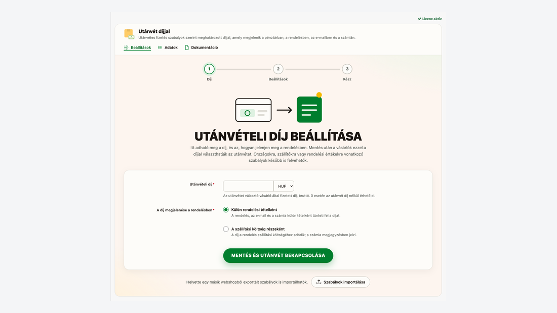 A modul első beállítása: utánvételi díj megadása és a megjelenítés módja