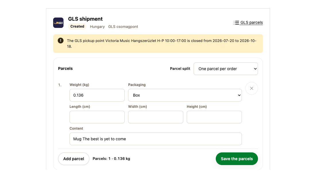 GLS shipment on the order: parcel split, weight and packaging, and a warning about a closed pickup point