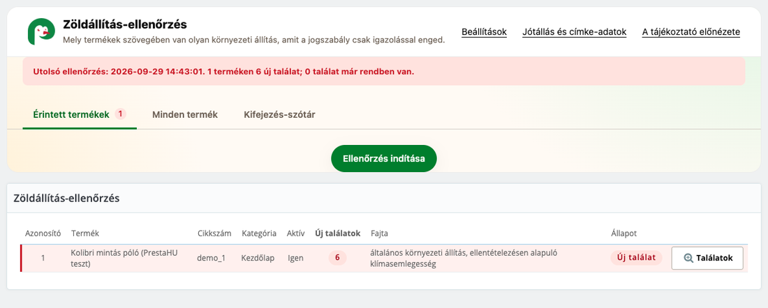 Zöldállítás-ellenőrzés: az érintett termékek kiemelve
