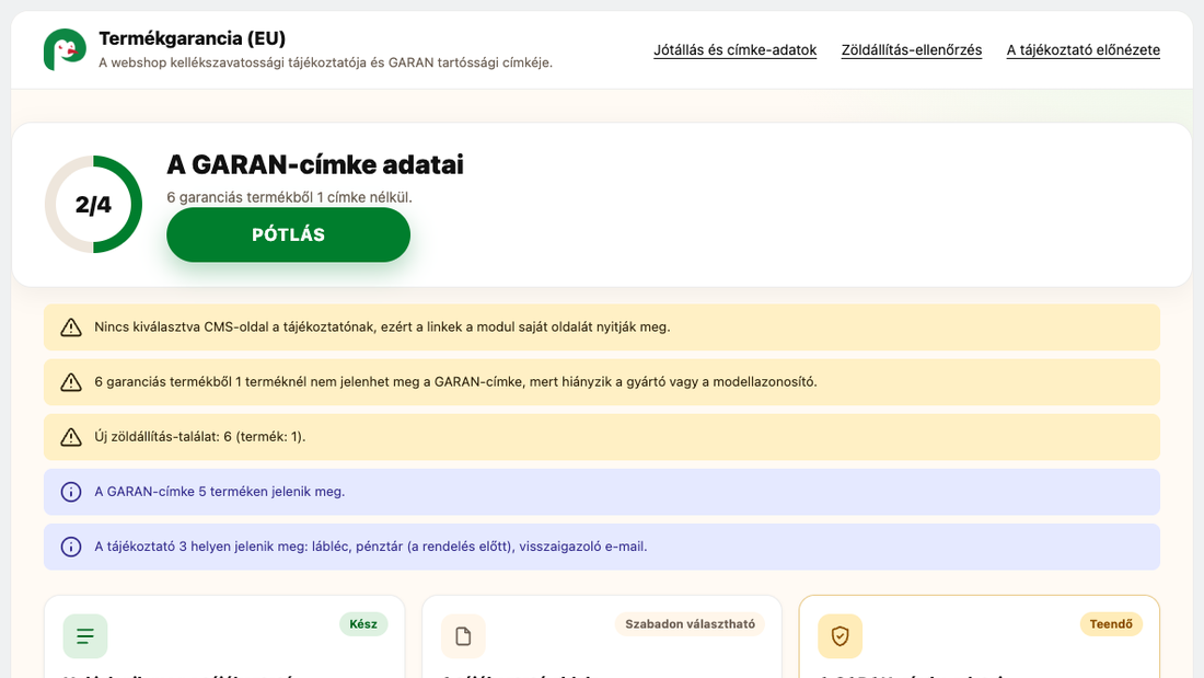 Beállítások: minden beállítás egy kártyán, az állapotával