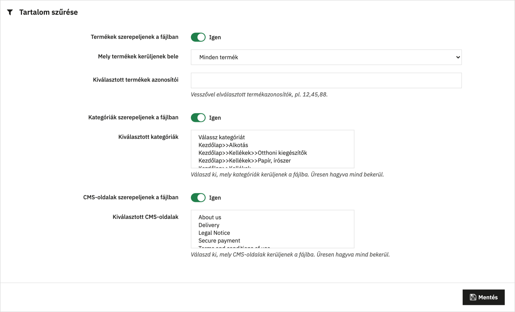 Kategóriák, termékek és oldalak kiválasztása a listához