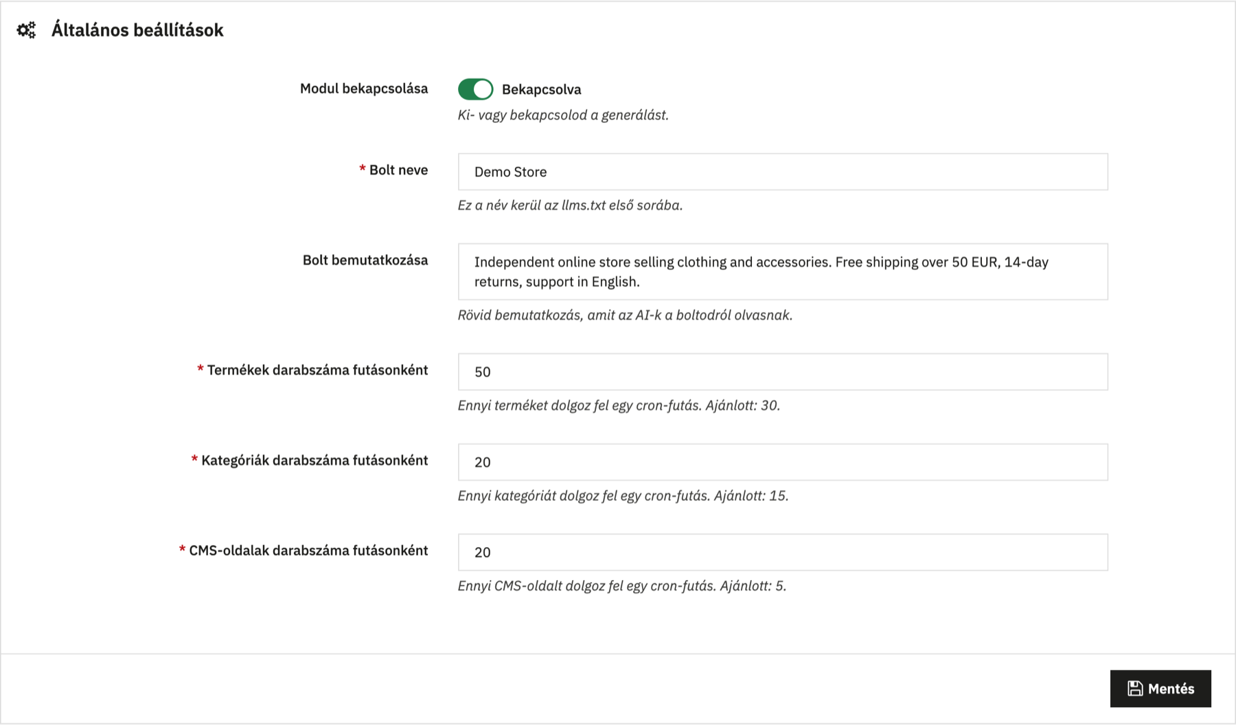 A webshop neve és bemutatkozása a modul beállításai között